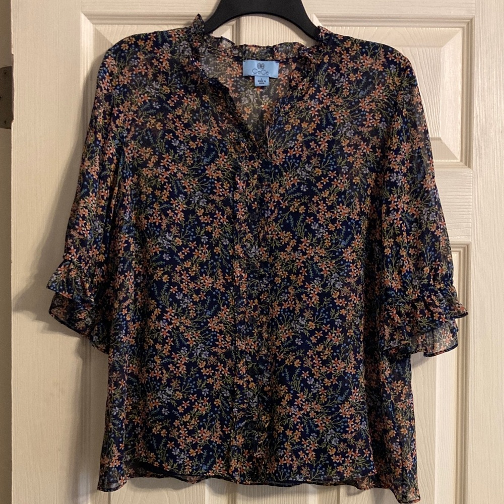 CeCe Sheer Navy Floral Ruffle Blouse, L